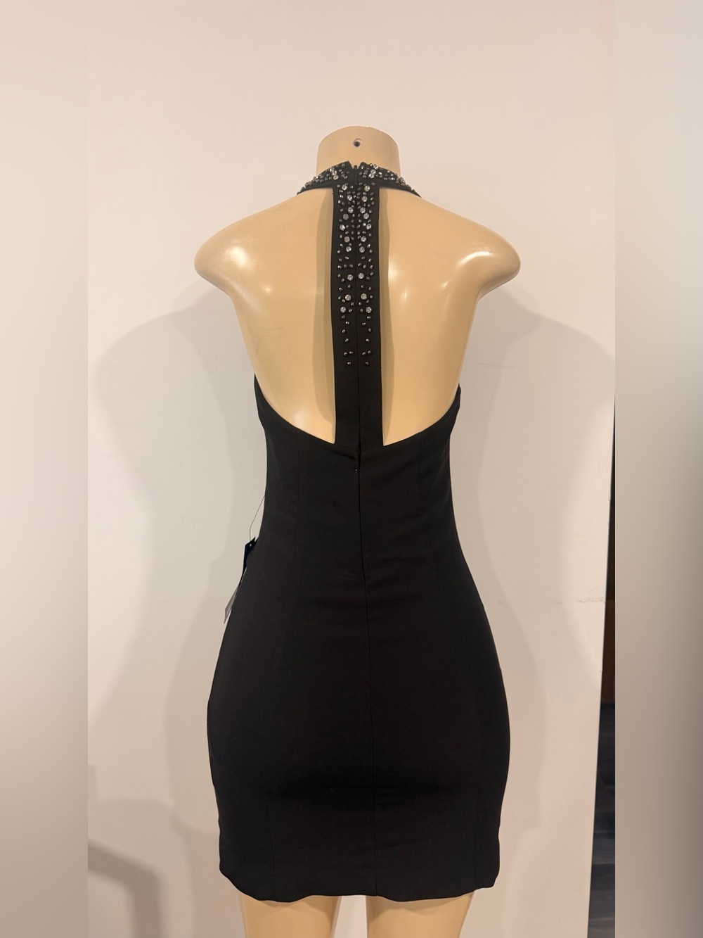 Guess Black Halter Mini Dress with Crystal-Embellished Neck